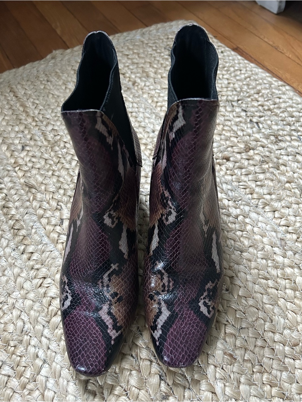 Donald J. Pliner Burgundy and Brown Snake-Print Pointed Ankle Booties